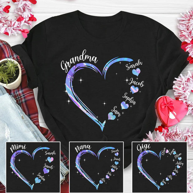 Heart Print Grandma Auntie Mom, Sweet Heart Kids' Names Personalized T-shirt