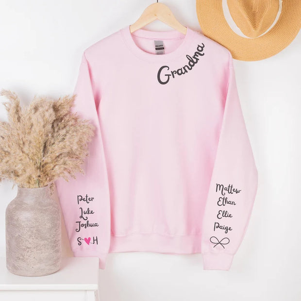 Custom Grandma Sweatshirt with grandkid names and significant other on sleeves