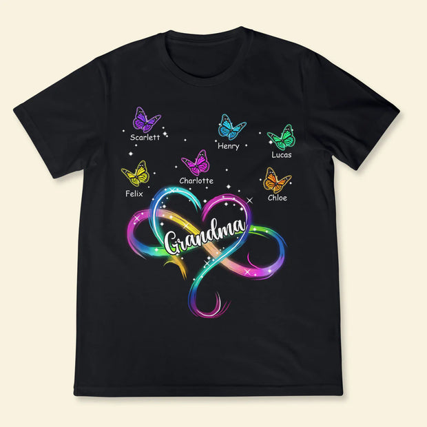 Infinity Heart Colorful Butterflies Grandma Mom - Personalized Shirt